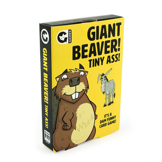 Card game box titled 'Giant Beaver! Tiny Ass!' with cartoon beaver and donkey illustration on a yellow background.