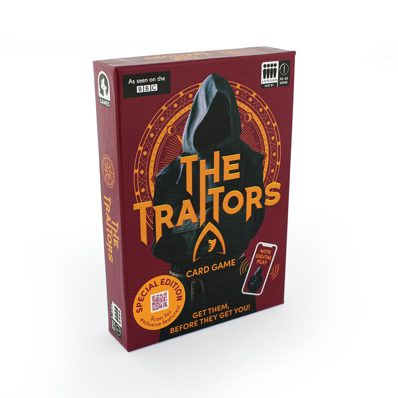 The Traitors Special Edition Card Game - The Traitors card game box in a special edition color scheme, featuring a dark red background with a black hooded figure and gold lettering, shown on a white background.