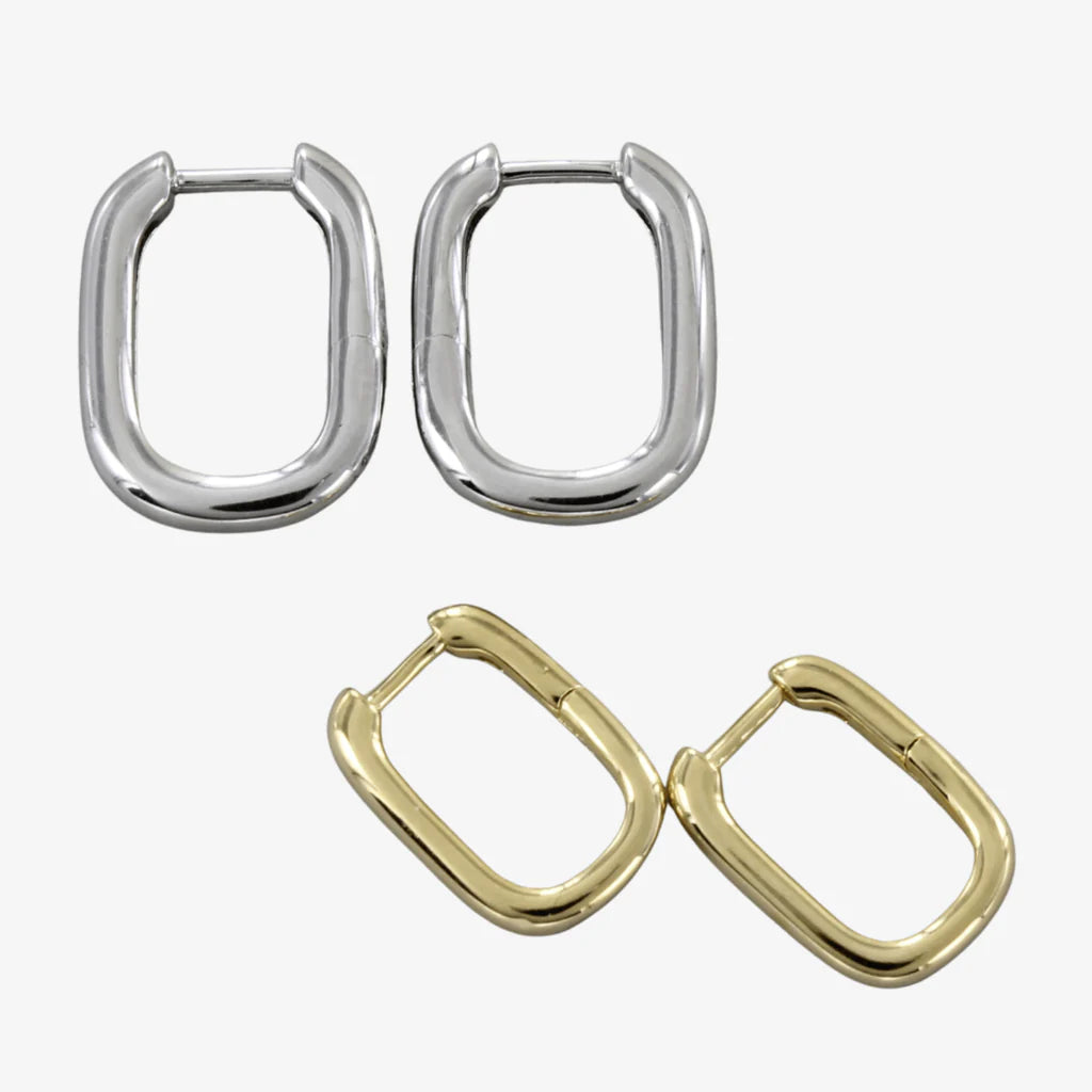 Reeves & Reeves rectangular hoops in either gold plate or silver
