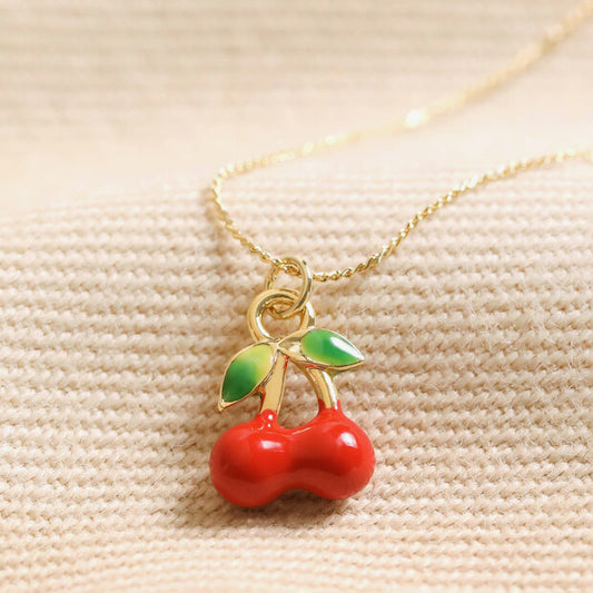 Lisa Angel Red Cherry Enamel Pendant Necklace in Gold