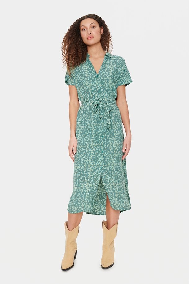 Short sleeved, calf length open collar dress with full button placket and self fabric tie in a pretty green subtle print