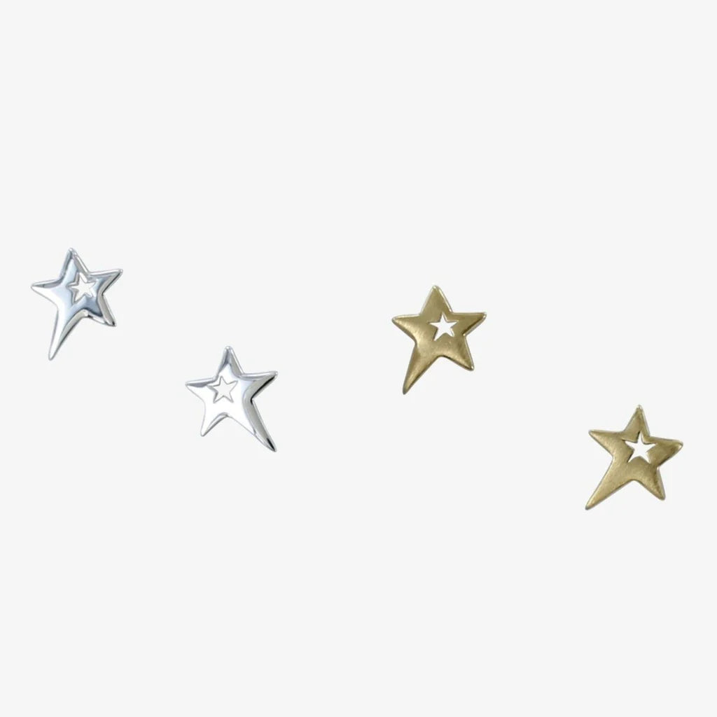pretty star studs with star cut out in gold plate or silver 
