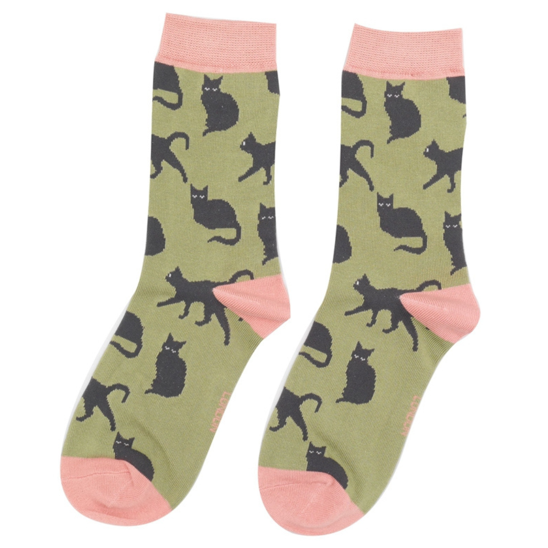 Miss Sparrow Bamboo Cute Cats Socks Olive