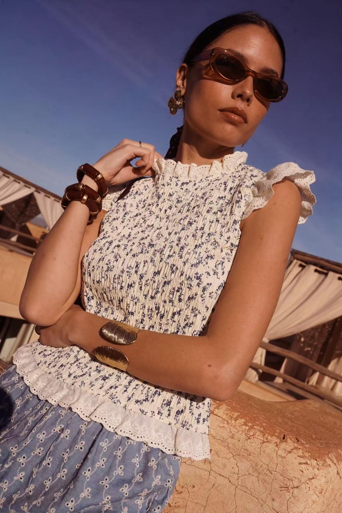 Eloise Printed Smocked Sleeveless Top with lace detailing