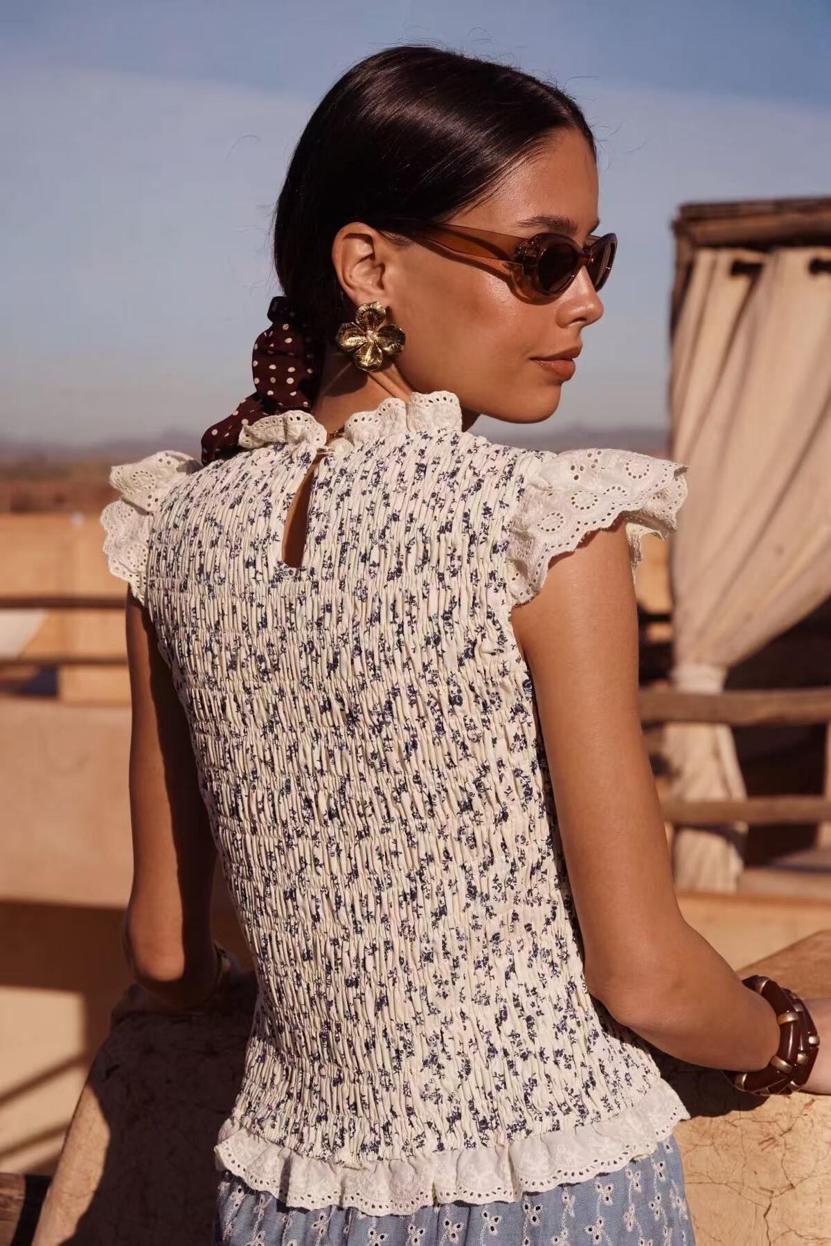 Eloise Printed Smocked Sleeveless Top with lace detailing