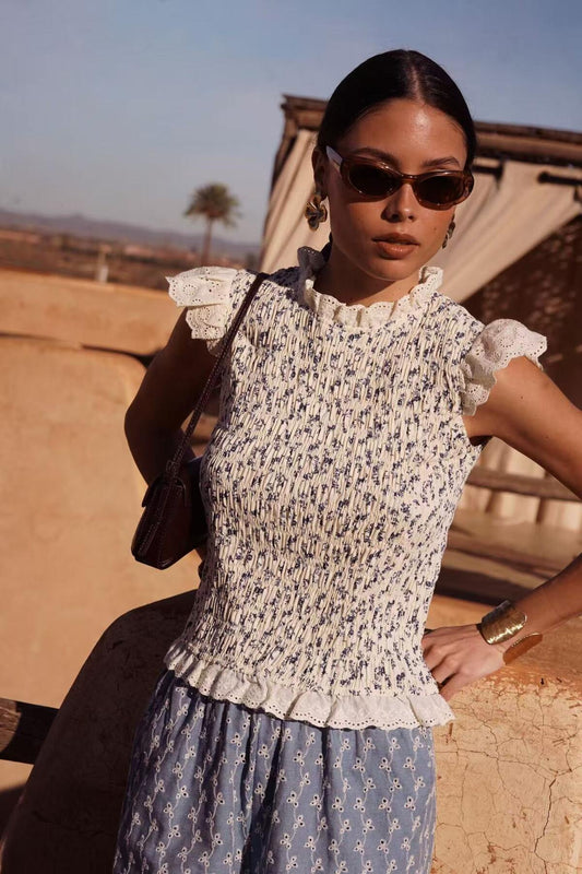 Eloise Printed Smocked Sleeveless Top with lace detailing