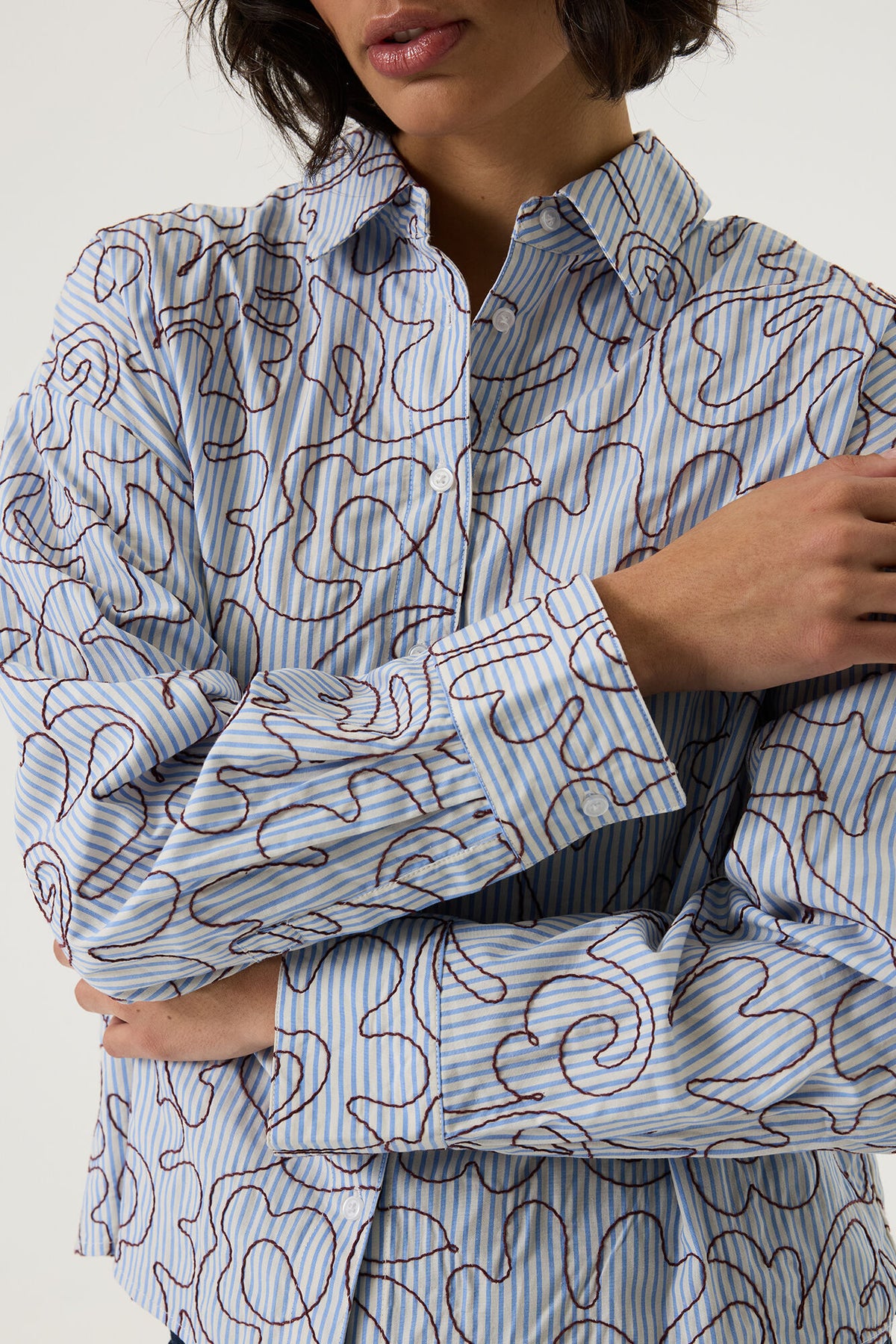 Garcia Striped Blouse with Embroidery in Breeze Blue