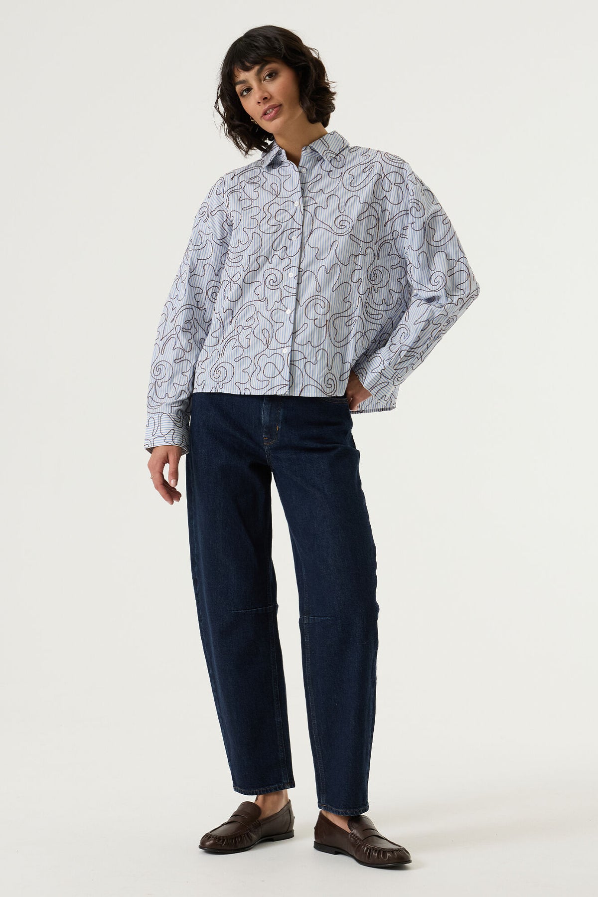 Garcia Striped Blouse with Embroidery in Breeze Blue