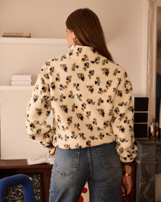 Claudette Zip Up Floral Fleece Jacket in Ecru Mustard & Blue