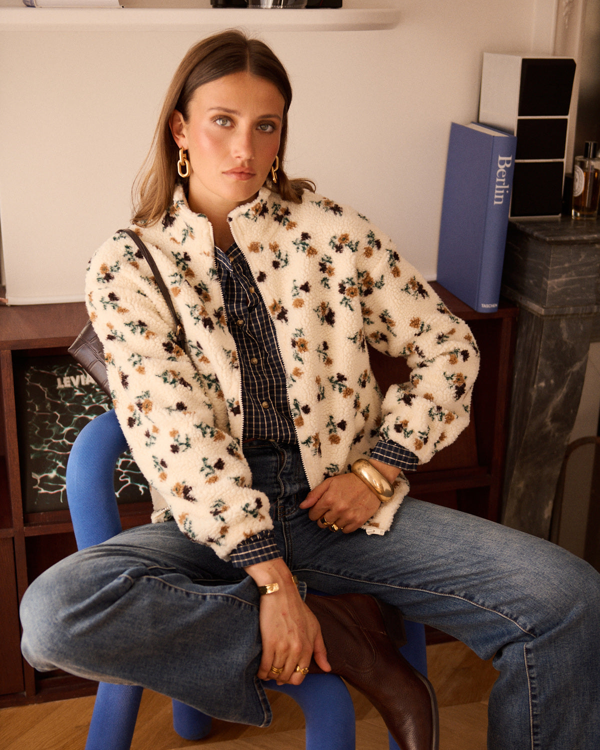 Claudette Zip Up Floral Fleece Jacket in Ecru Mustard & Blue