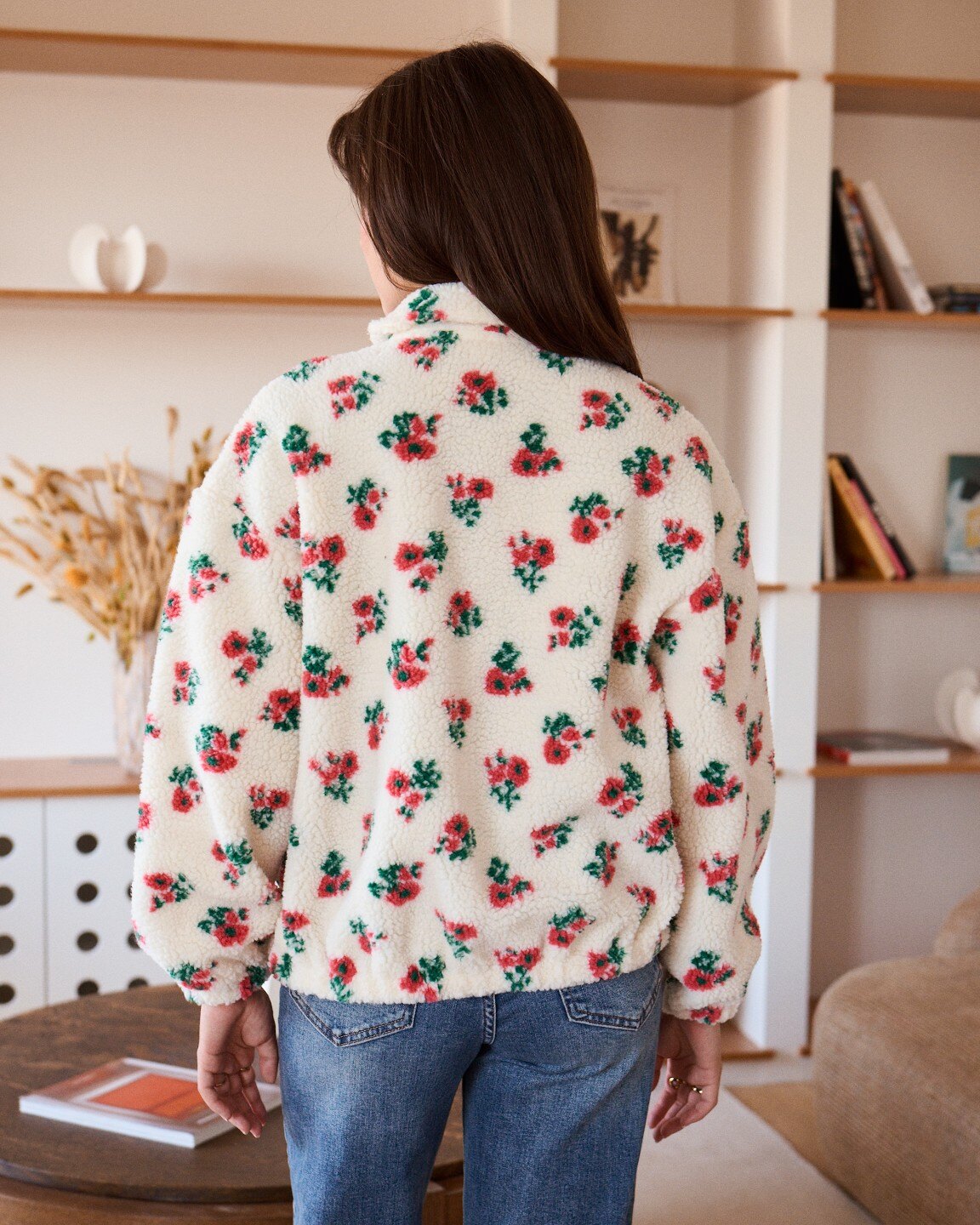 Claudette Zip Up Floral Fleece Jacket in Cream, Red and Green