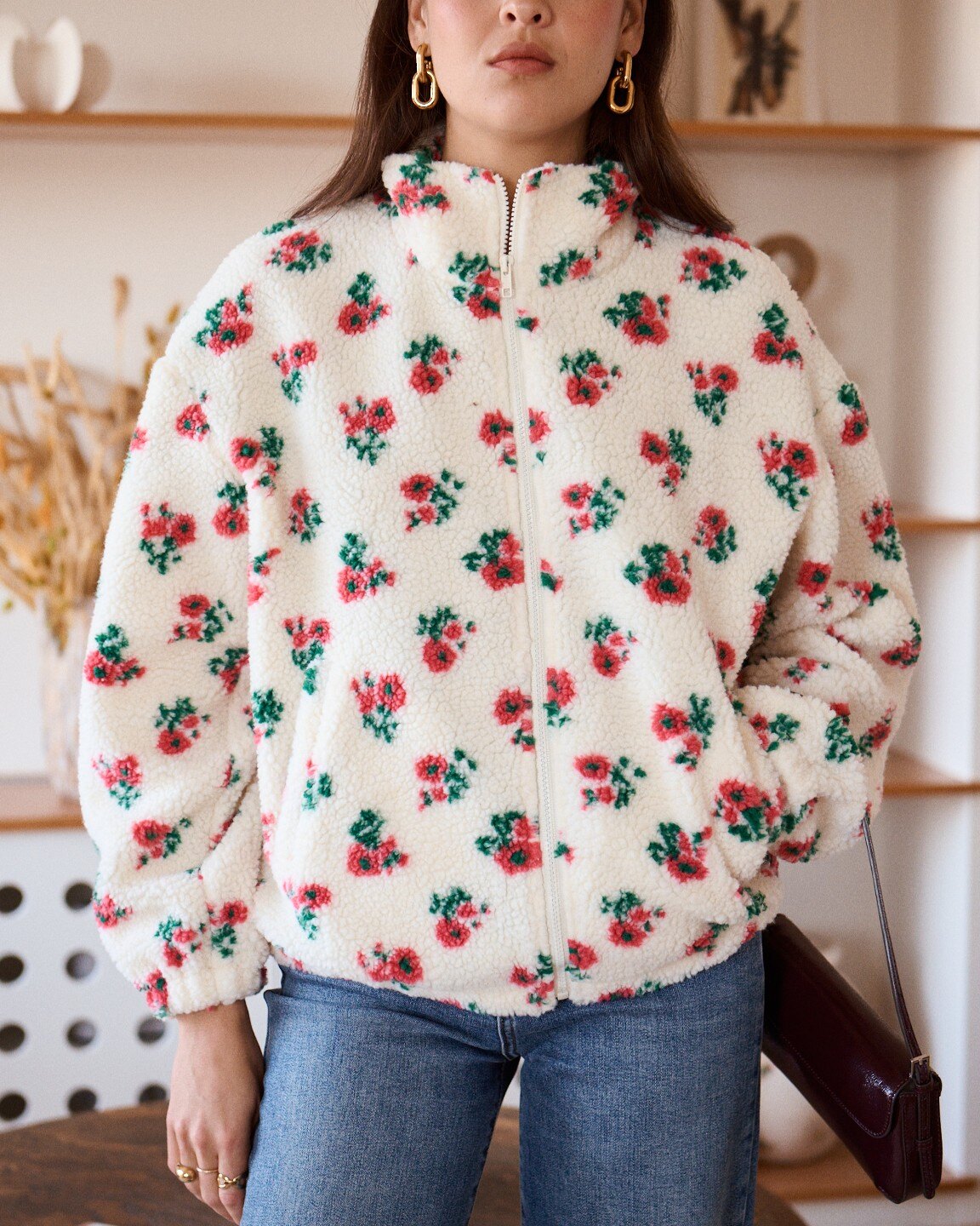 Claudette Zip Up Floral Fleece Jacket in Cream, Red and Green