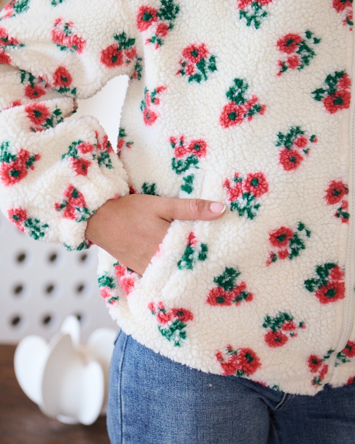 Claudette Zip Up Floral Fleece Jacket in Cream, Red and Green