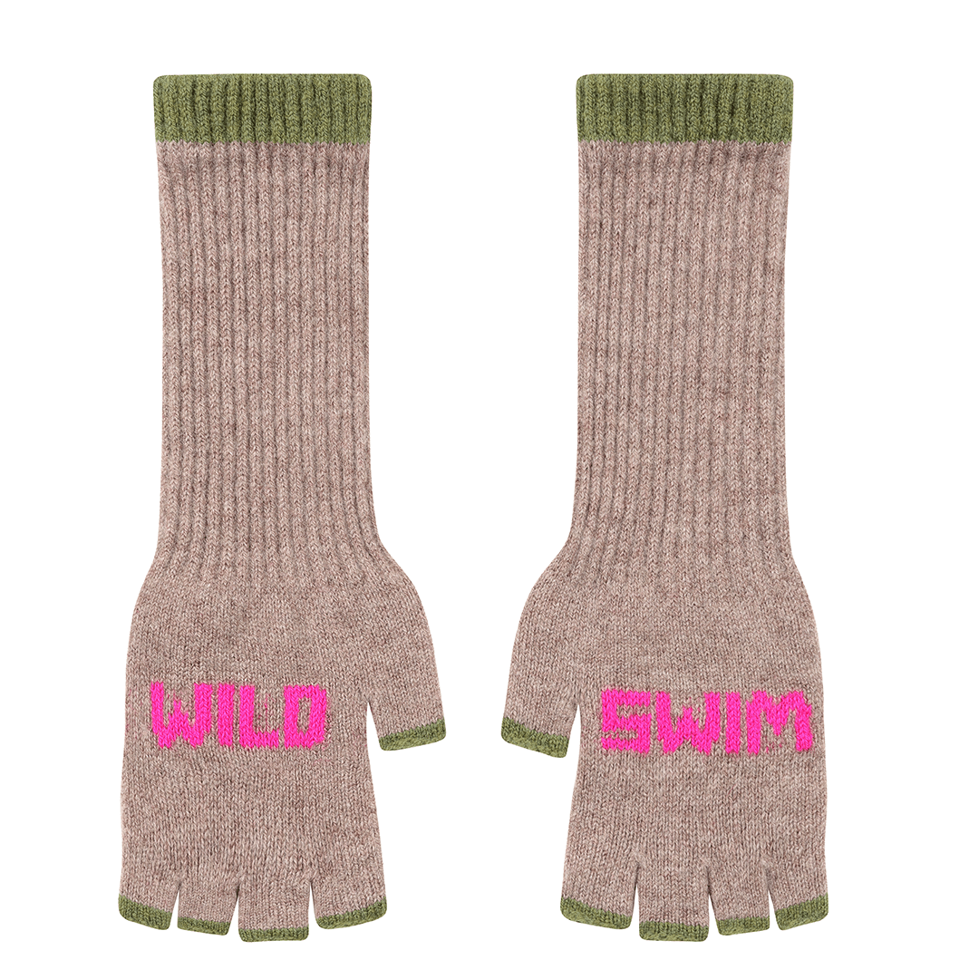 Black & Beech Wild Swim Fingerless Gloves in Mushroom & Neon Pink
