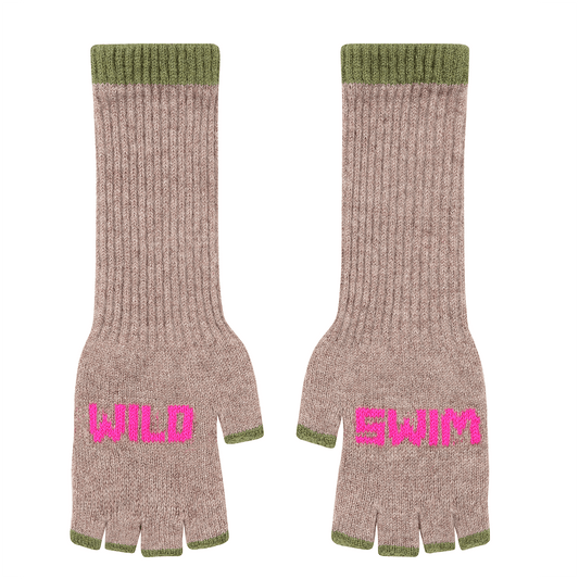 Black & Beech Wild Swim Fingerless Gloves in Mushroom & Neon Pink