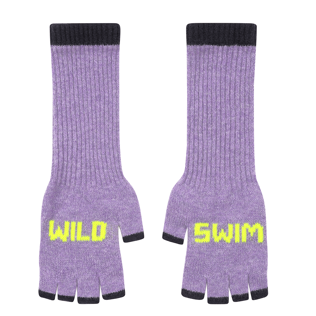 Black & Beech Wild Swim Fingerless Gloves in Parma Violet & Neon Yellow