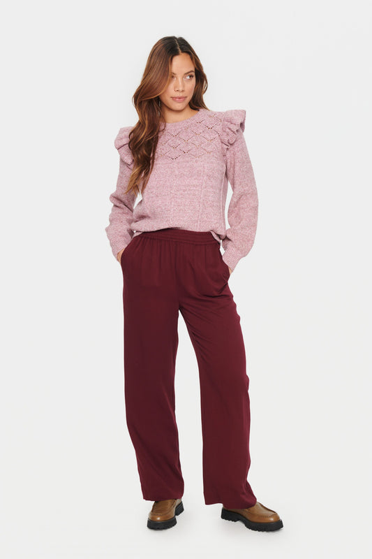 drapy wine coloured trouser with elesticated waist and side hand pockets 
