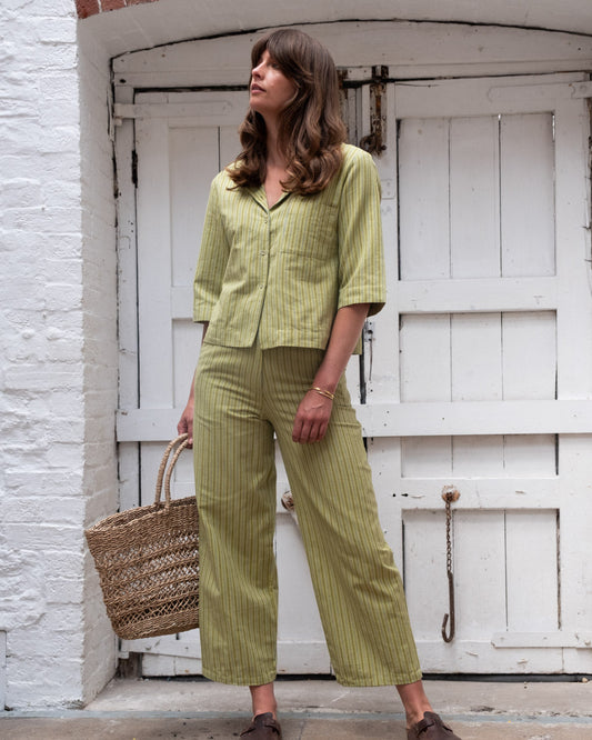 Bibico Harper Wide Leg Trousers in a Cotton, Avocado Stripe