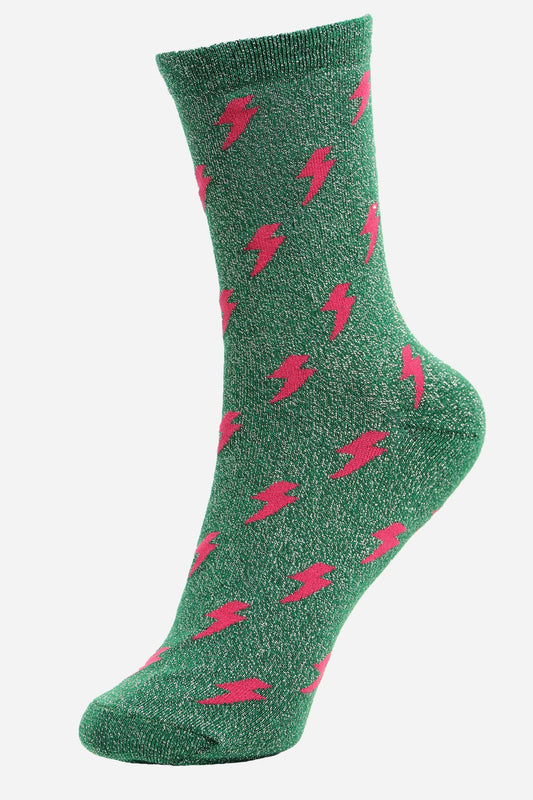 Green Pink Lightning Bolt Glitter Socks