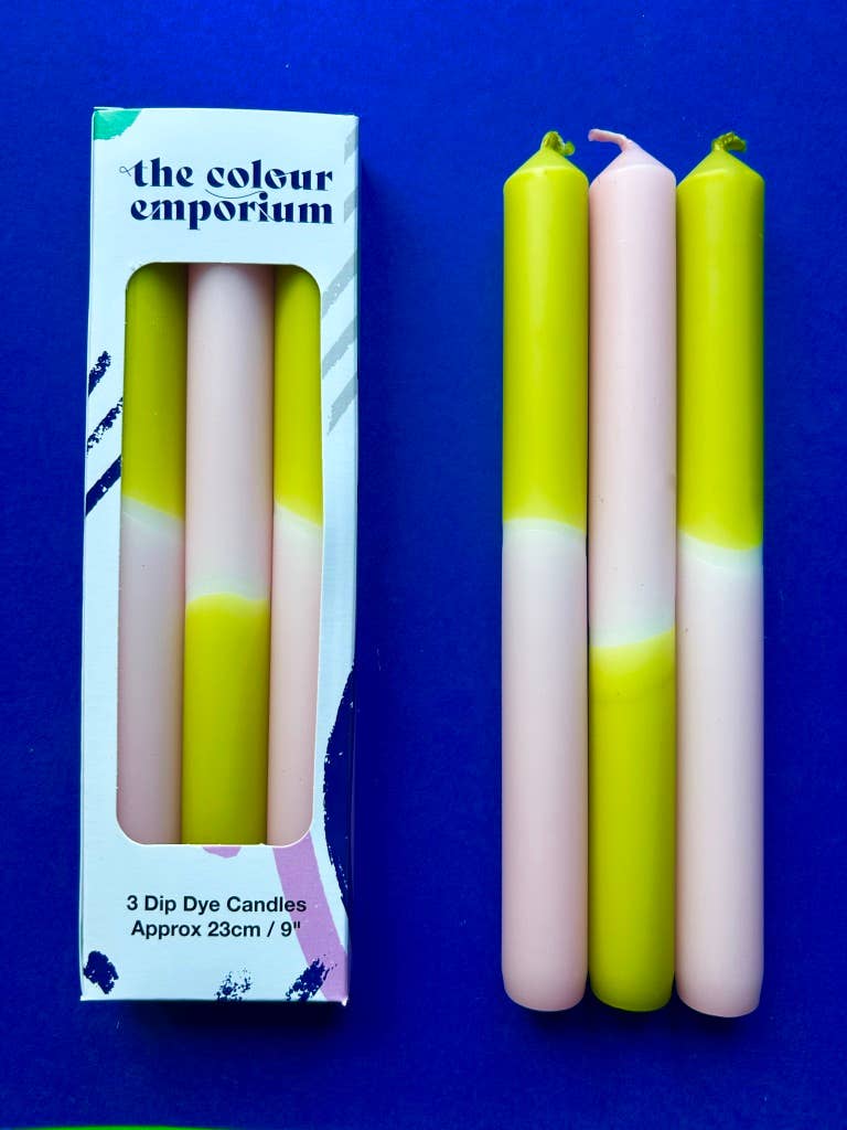 The Colour Emporium set of three dip dyed candles - olive, white and pale pink