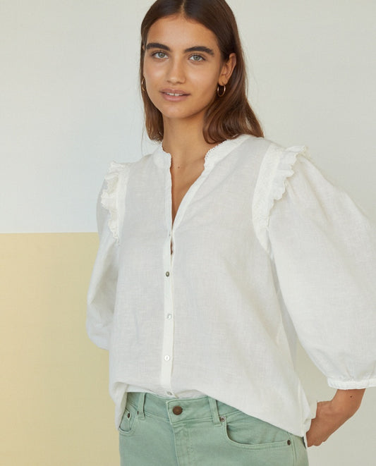 Linen Shirt with Mao Neck in Ecru 
