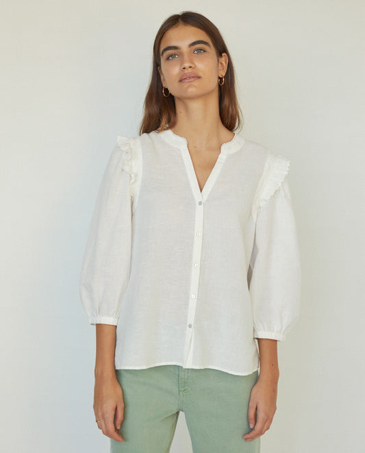 Yerse Mao-neck Linen Shirt in Ecru