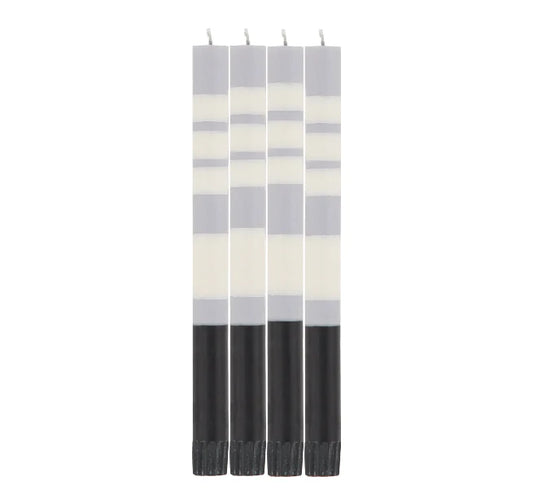 Striped Jet Black, Pearl White & Dove Grey Eco Dinner Candles, 4 per pack