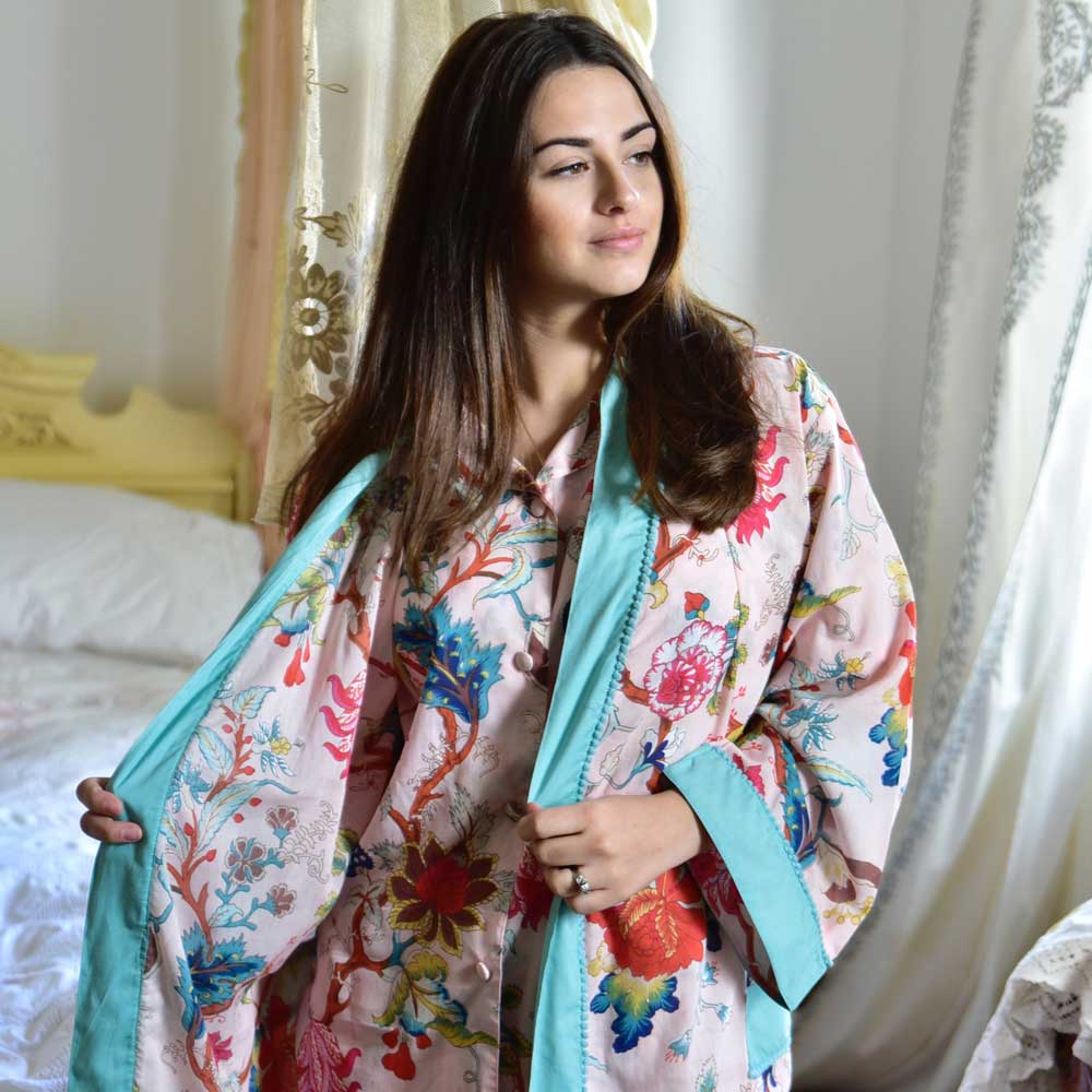 Pink Exotic Flower Dressing Gown - 100% Cotton