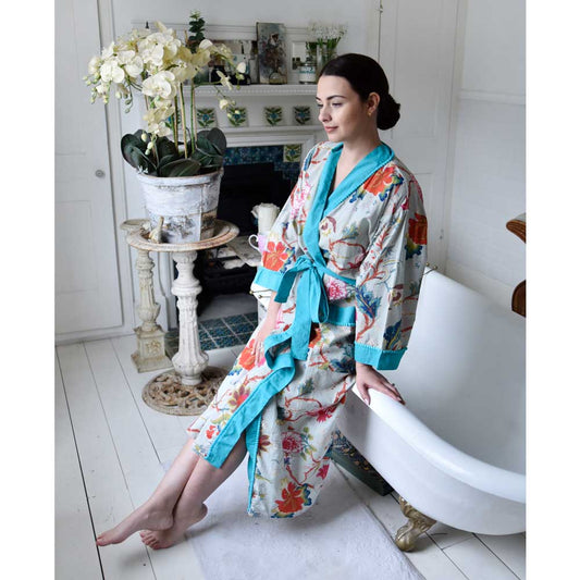 Blue Exotic Flower Dressing Gown - 100% Cotton 