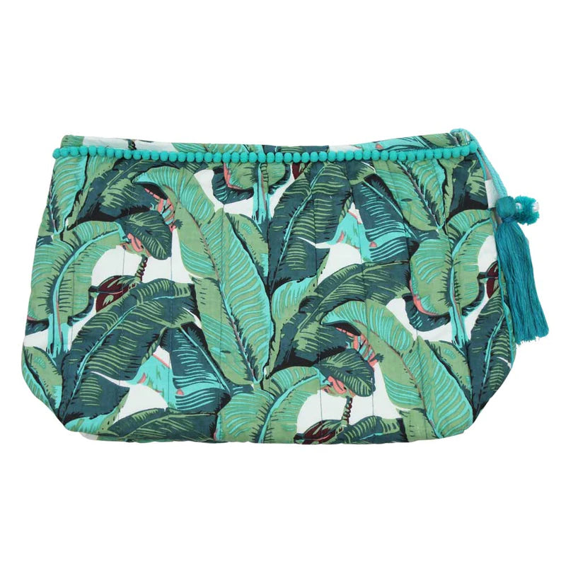 Quilted Cotton Wash Bag in Green Leaf Print design