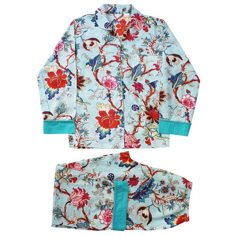 100% Cotton Pyjamas in Blue Exotic Flower Print 