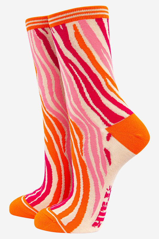 Women's Zebra Print Bamboo Socks in Orange Pink: UK 3-7