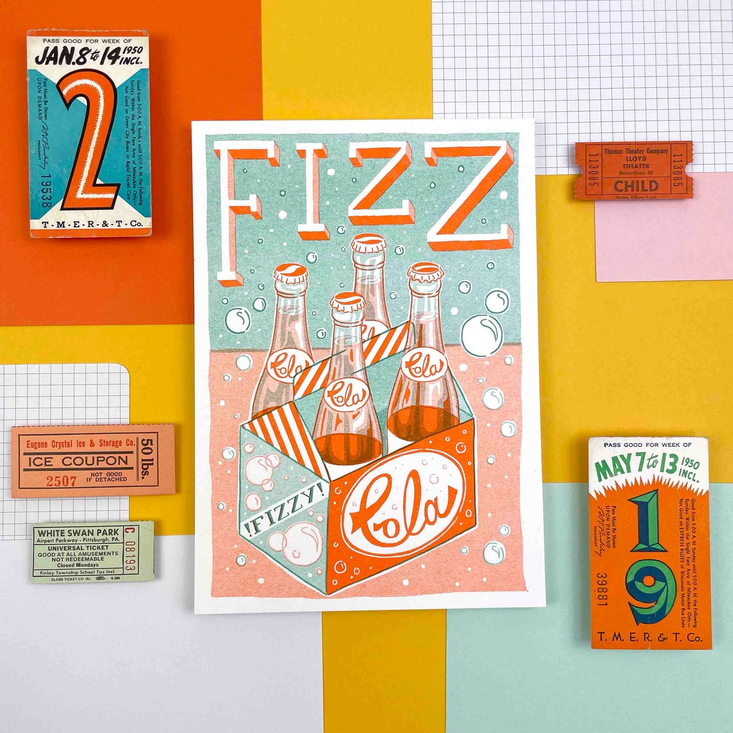 Fizz Cola Bottles Risograph Art Print A5