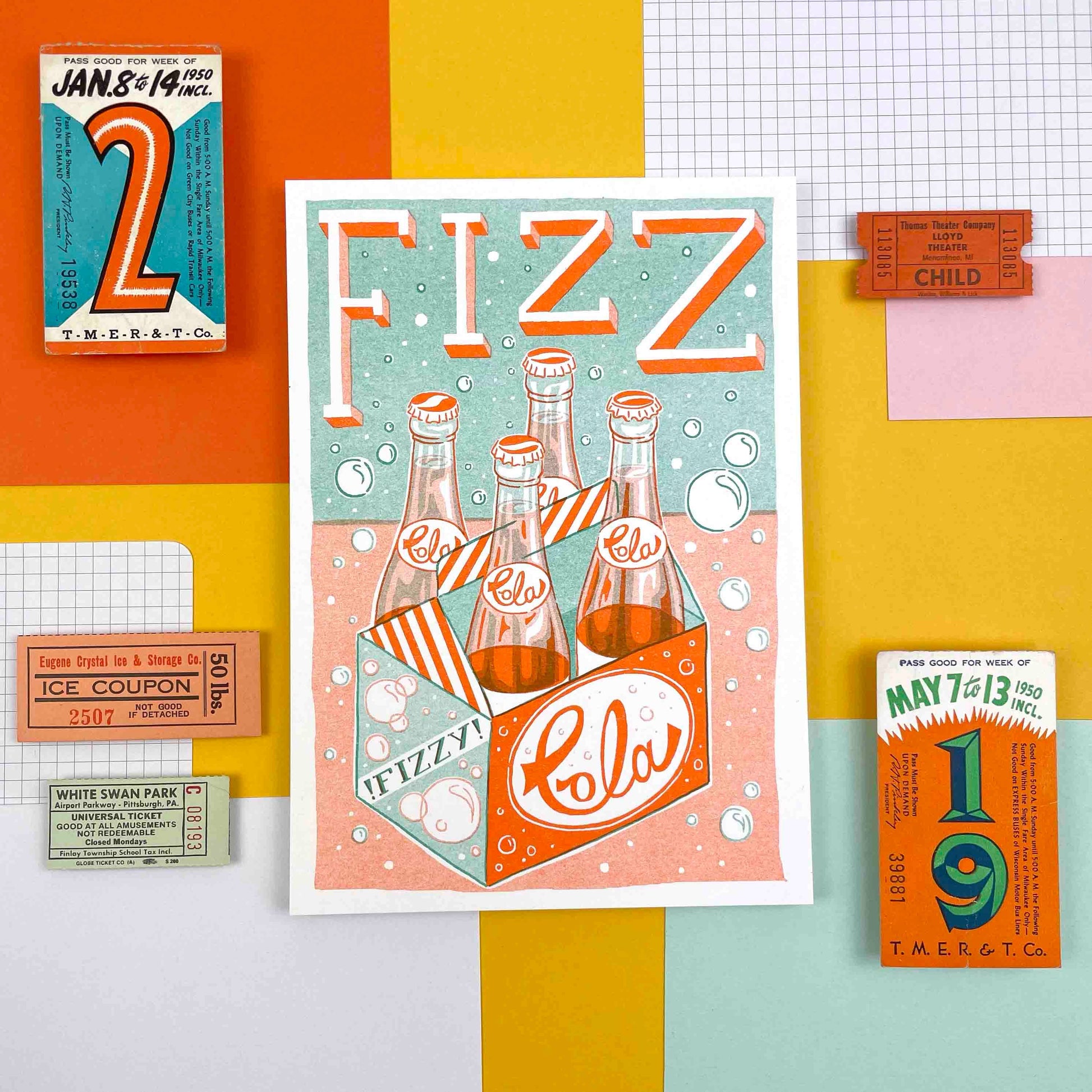 Fizz Cola Bottles Risograph Art Print A5