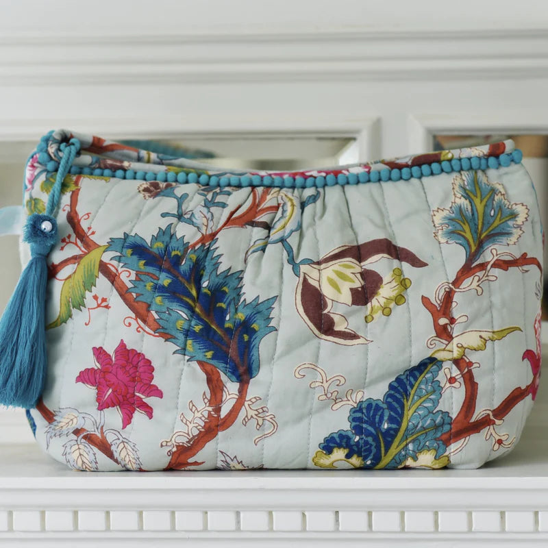 Powell Craft Blue Exotic Flower Wash Bag - 100% Quilted Cotton