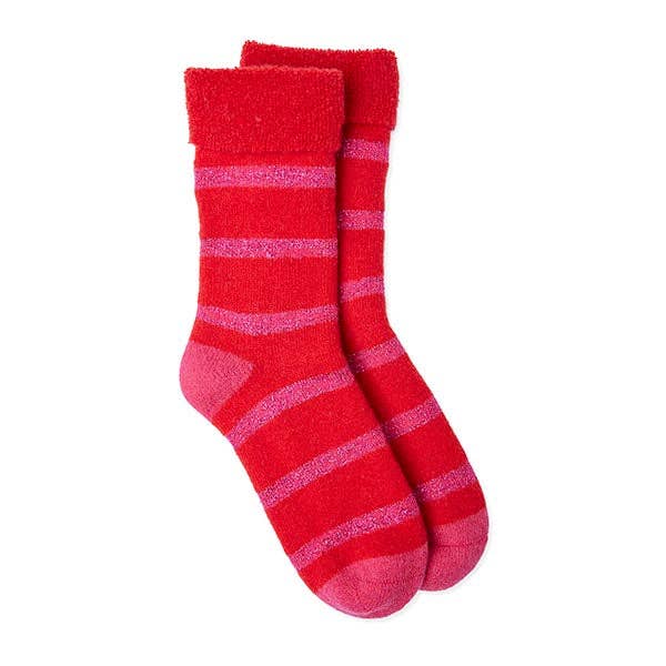 Slipper Socks Glitter Stripe - Red/Pink