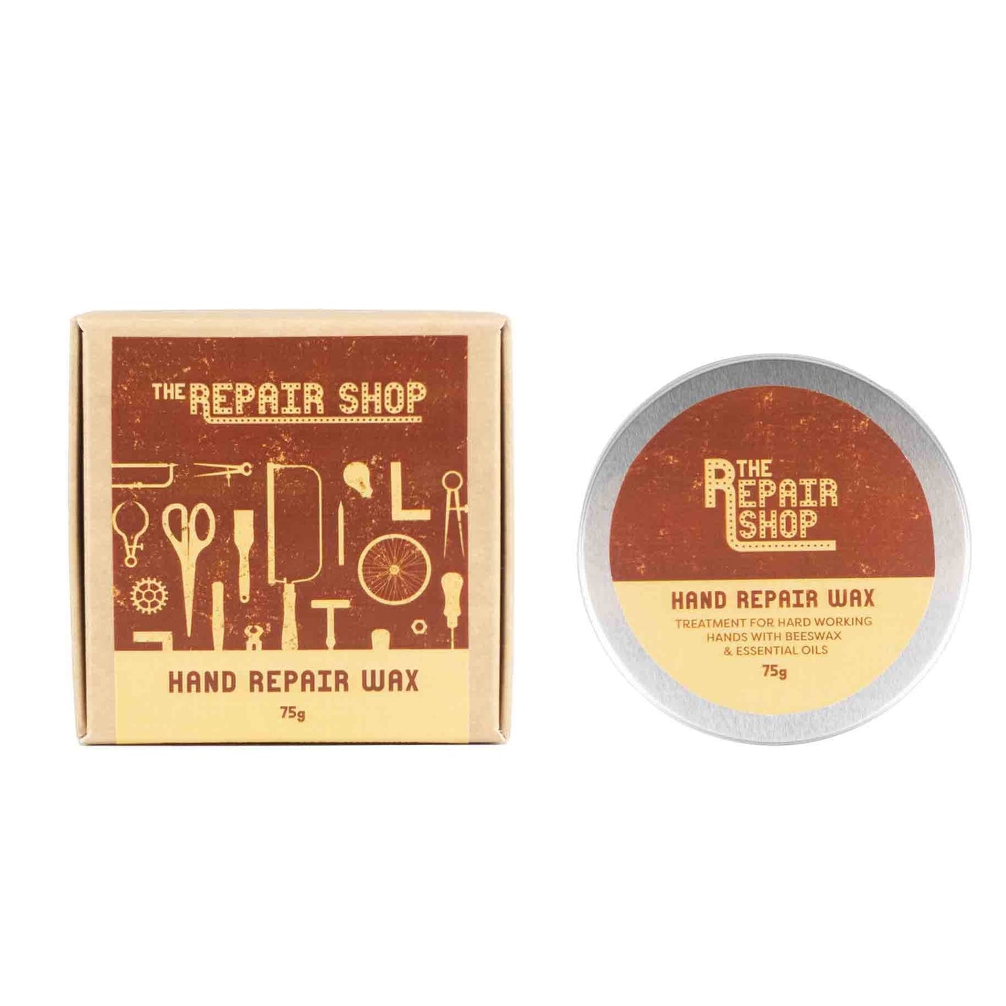 A product image showing The Repair Shop Hand Repair Wax in a small orange and white packaging with a transparent lid.