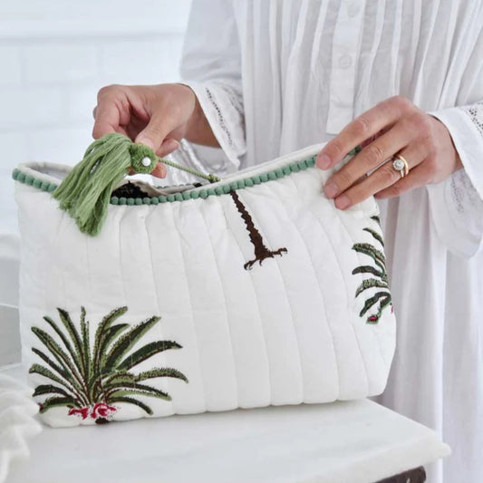 Quilted Cotton Wash Bag in Green Palm Tree design
